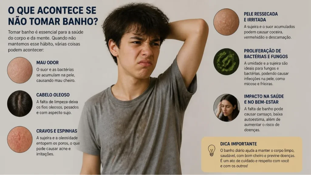O que acontece se não tomar banho? Entenda os efeitos para a pele, a saúde e o convívio social